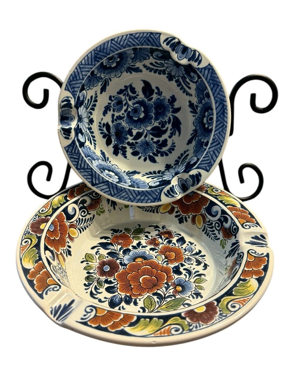 Vtg Delft Blue White Pottery Ashtray Painted Floral Porcelain Bowl Holland Set 2